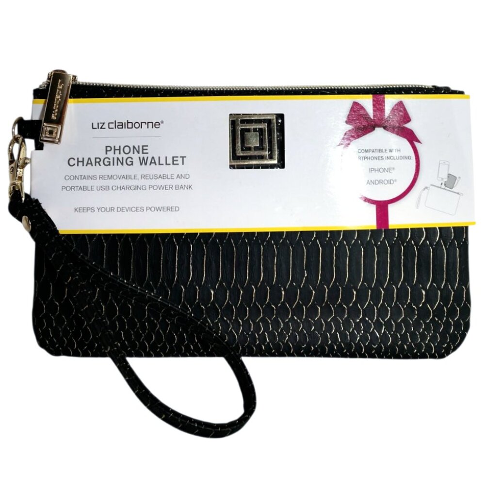 Liz Claiborne Women's Black/Gold Snakeskin Phone Charging Power Bank Wallet